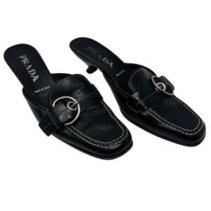 Prada Black Leather Buckle Mule Heels 37.5 Vintage Slip-On Kitten Heel Sandals
